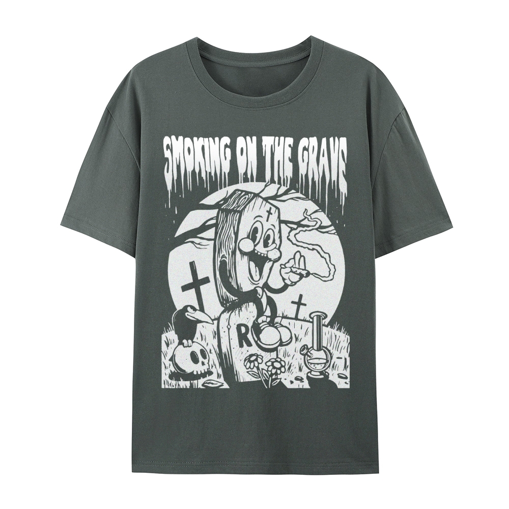 Gothic Gravestone Print Round Neck Cotton T-Shirt
