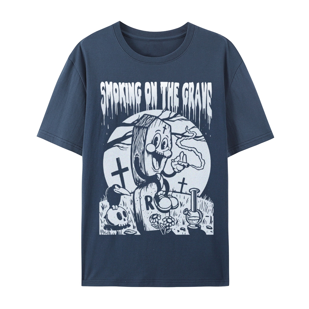 Gothic Gravestone Print Round Neck Cotton T-Shirt
