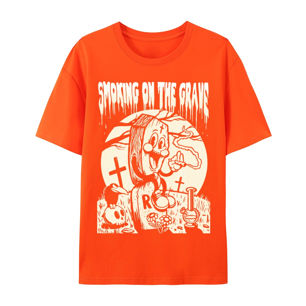 Gothic Gravestone Print Round Neck Cotton T-Shirt