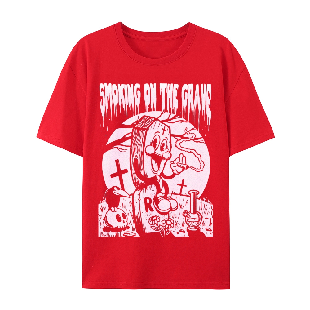 Gothic Gravestone Print Round Neck Cotton T-Shirt