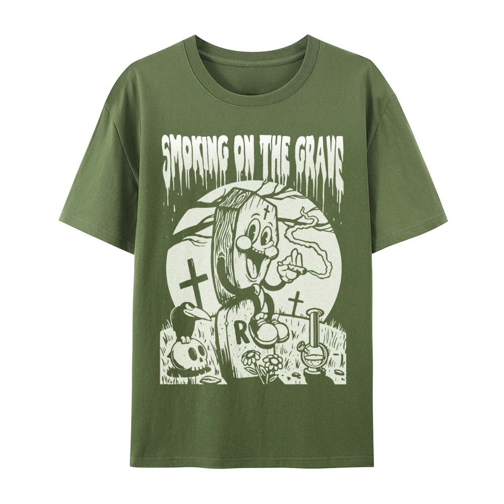 Gothic Gravestone Print Round Neck Cotton T-Shirt