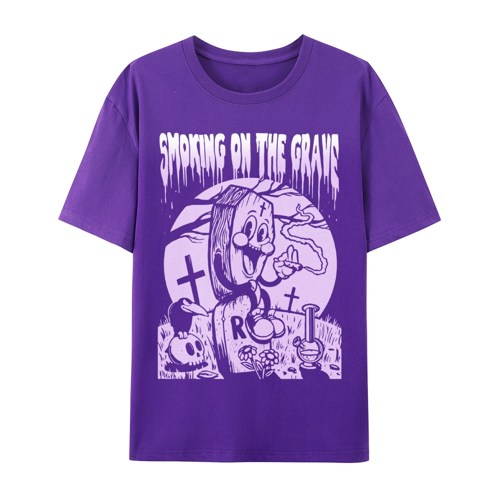 Gothic Gravestone Print Round Neck Cotton T-Shirt