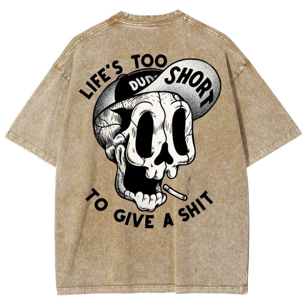 Gothic Skull Smoking Print Round Neck Washed T-Shirt