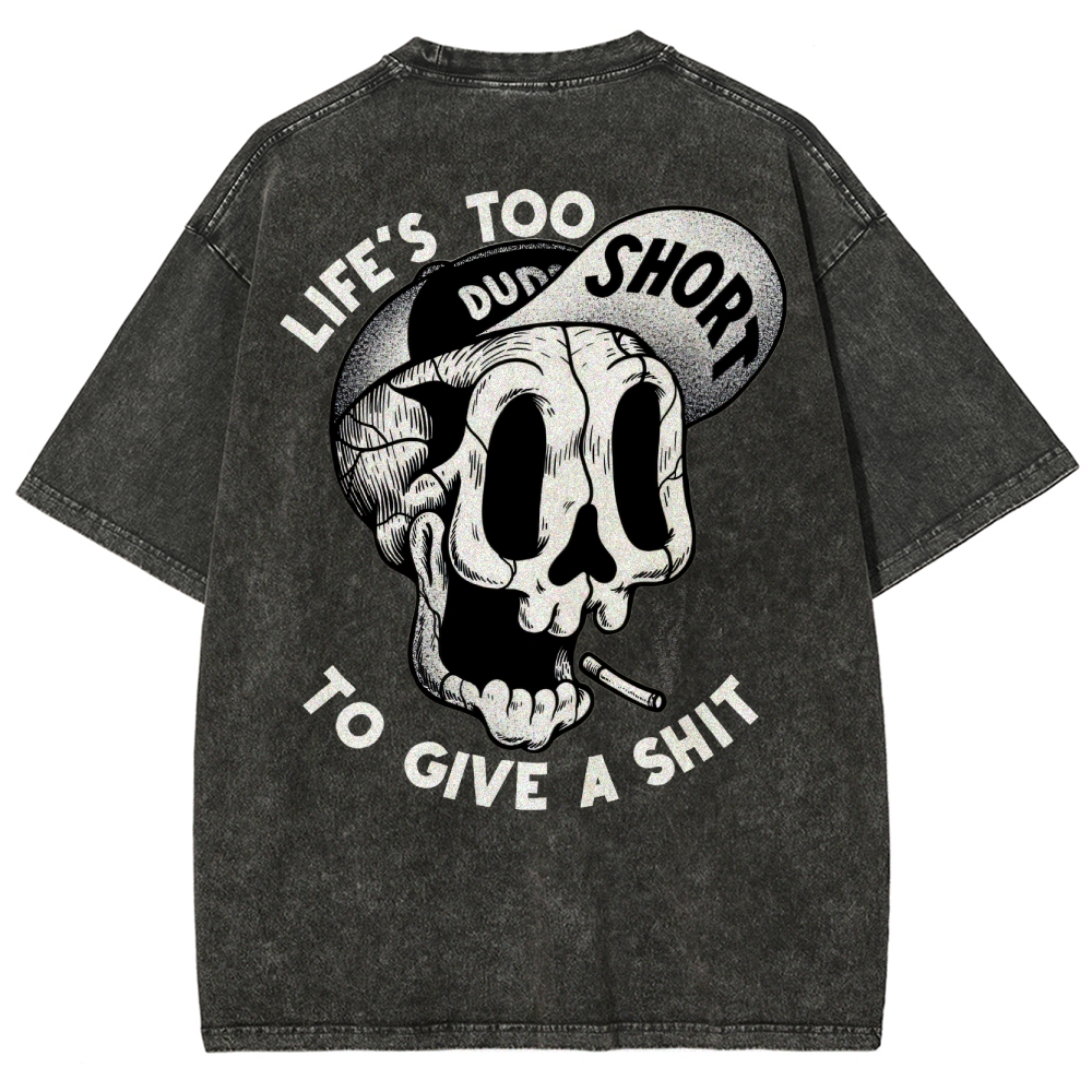 Gothic Skull Smoking Print Round Neck Washed T-Shirt