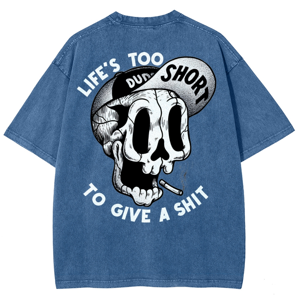 Gothic Skull Smoking Print Round Neck Washed T-Shirt