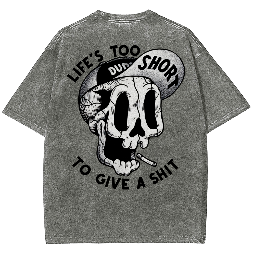 Gothic Skull Smoking Print Round Neck Washed T-Shirt