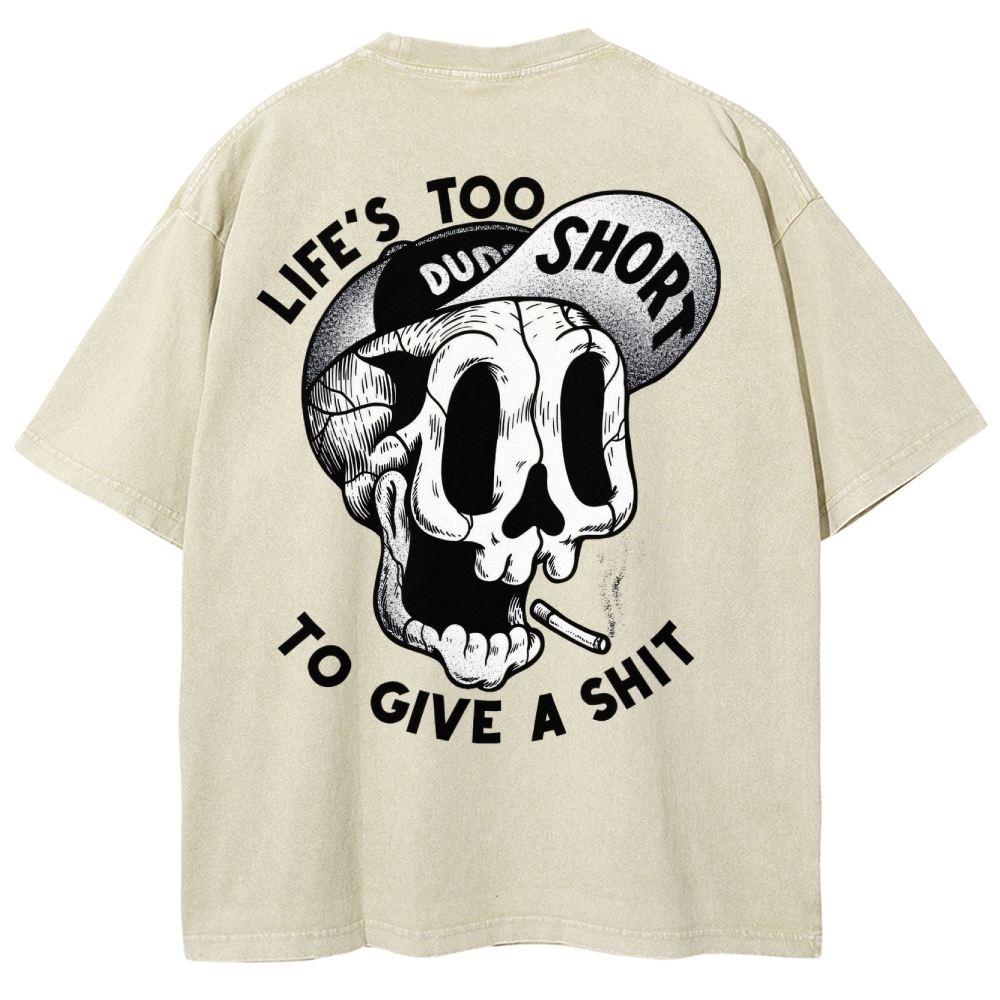 Gothic Skull Smoking Print Round Neck Washed T-Shirt