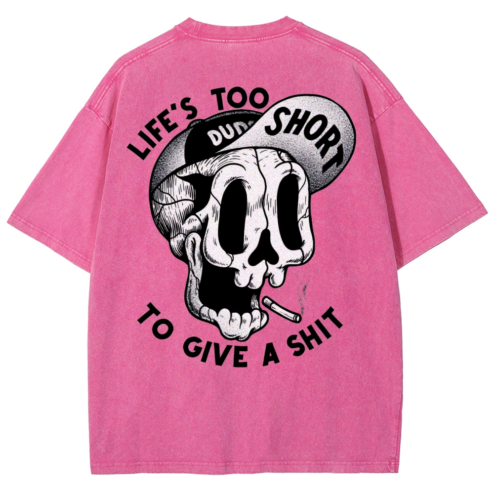 Gothic Skull Smoking Print Round Neck Washed T-Shirt