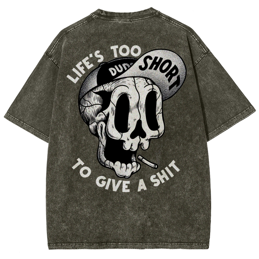 Gothic Skull Smoking Print Round Neck Washed T-Shirt