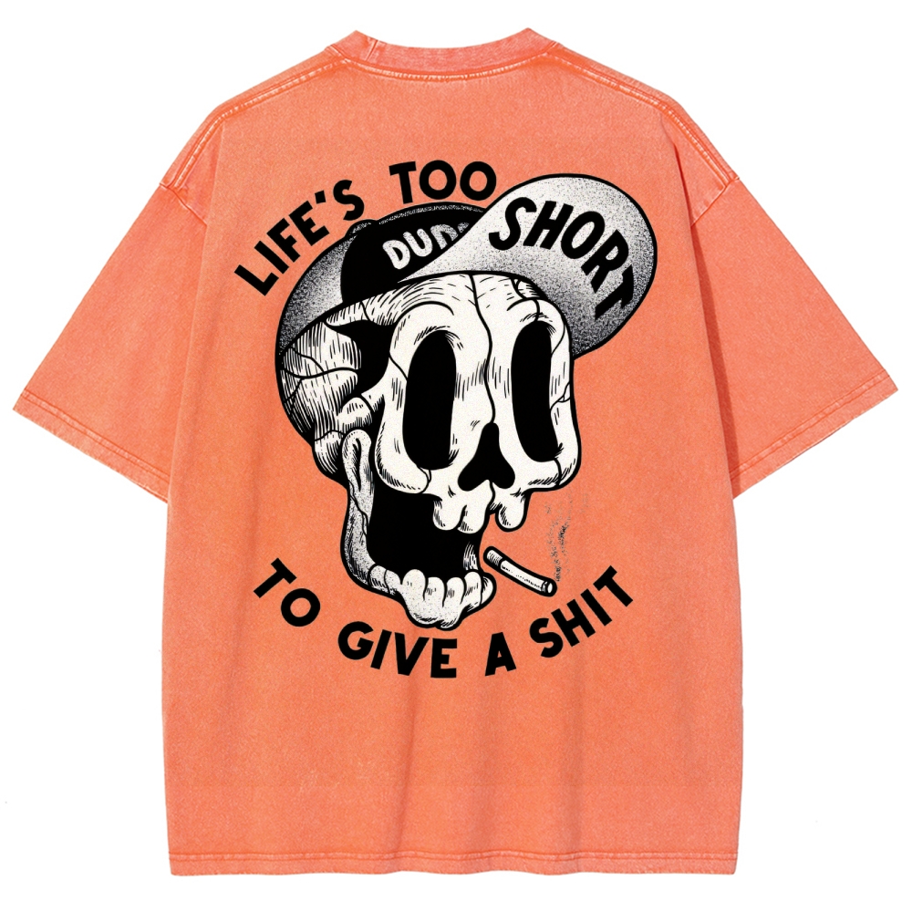 Gothic Skull Smoking Print Round Neck Washed T-Shirt