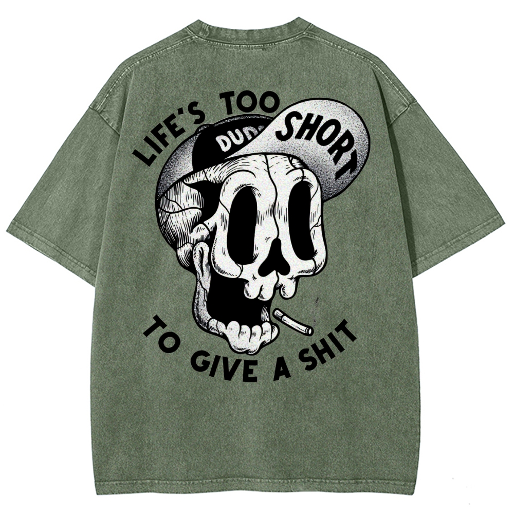 Gothic Skull Smoking Print Round Neck Washed T-Shirt
