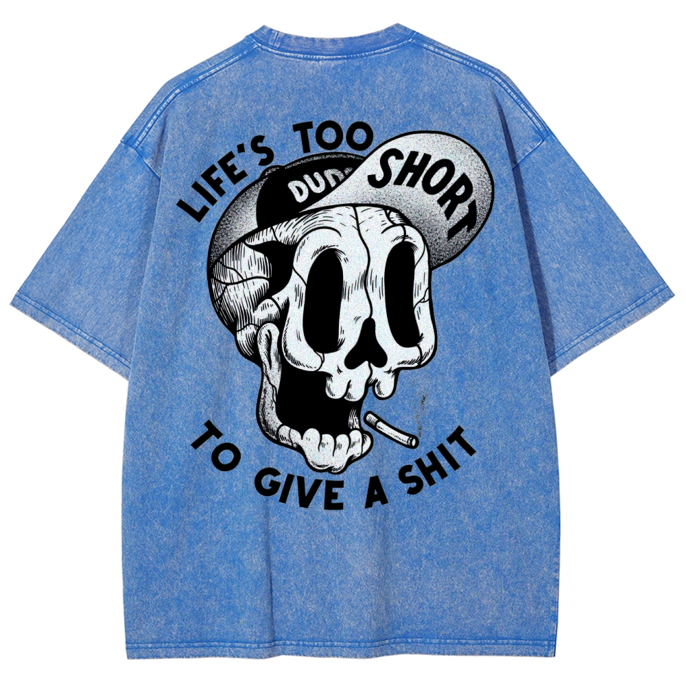 Gothic Skull Smoking Print Round Neck Washed T-Shirt