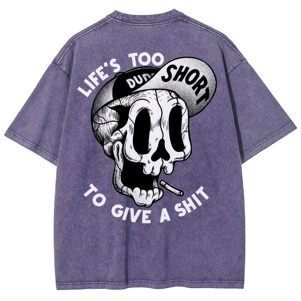 Gothic Skull Smoking Print Round Neck Washed T-Shirt