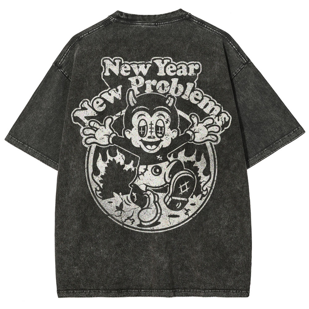 "New Year New Problems" Gothic Print Round Neck Washed T-Shirt