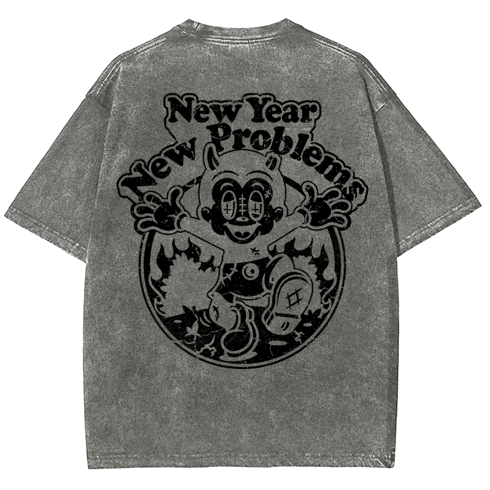 "New Year New Problems" Gothic Print Round Neck Washed T-Shirt