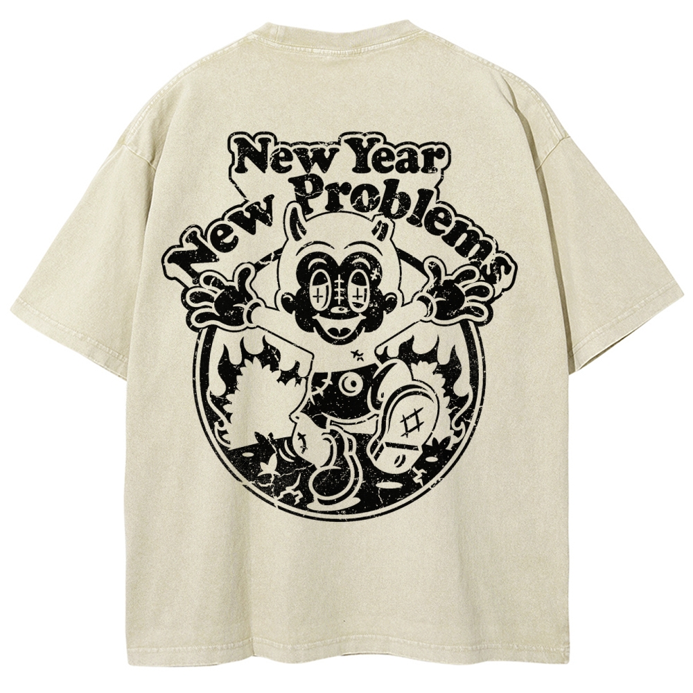 "New Year New Problems" Gothic Print Round Neck Washed T-Shirt