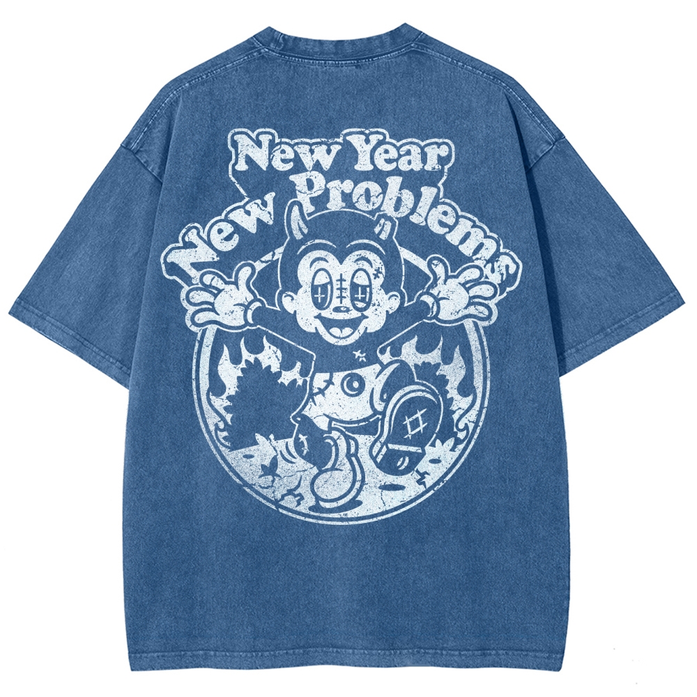 "New Year New Problems" Gothic Print Round Neck Washed T-Shirt