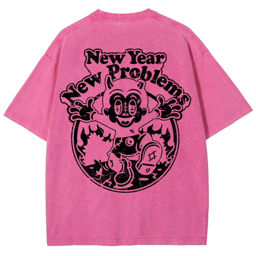 "New Year New Problems" Gothic Print Round Neck Washed T-Shirt