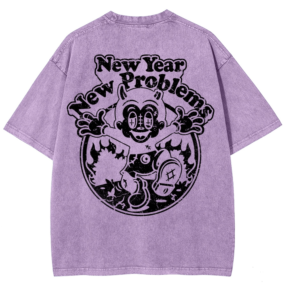 "New Year New Problems" Gothic Print Round Neck Washed T-Shirt