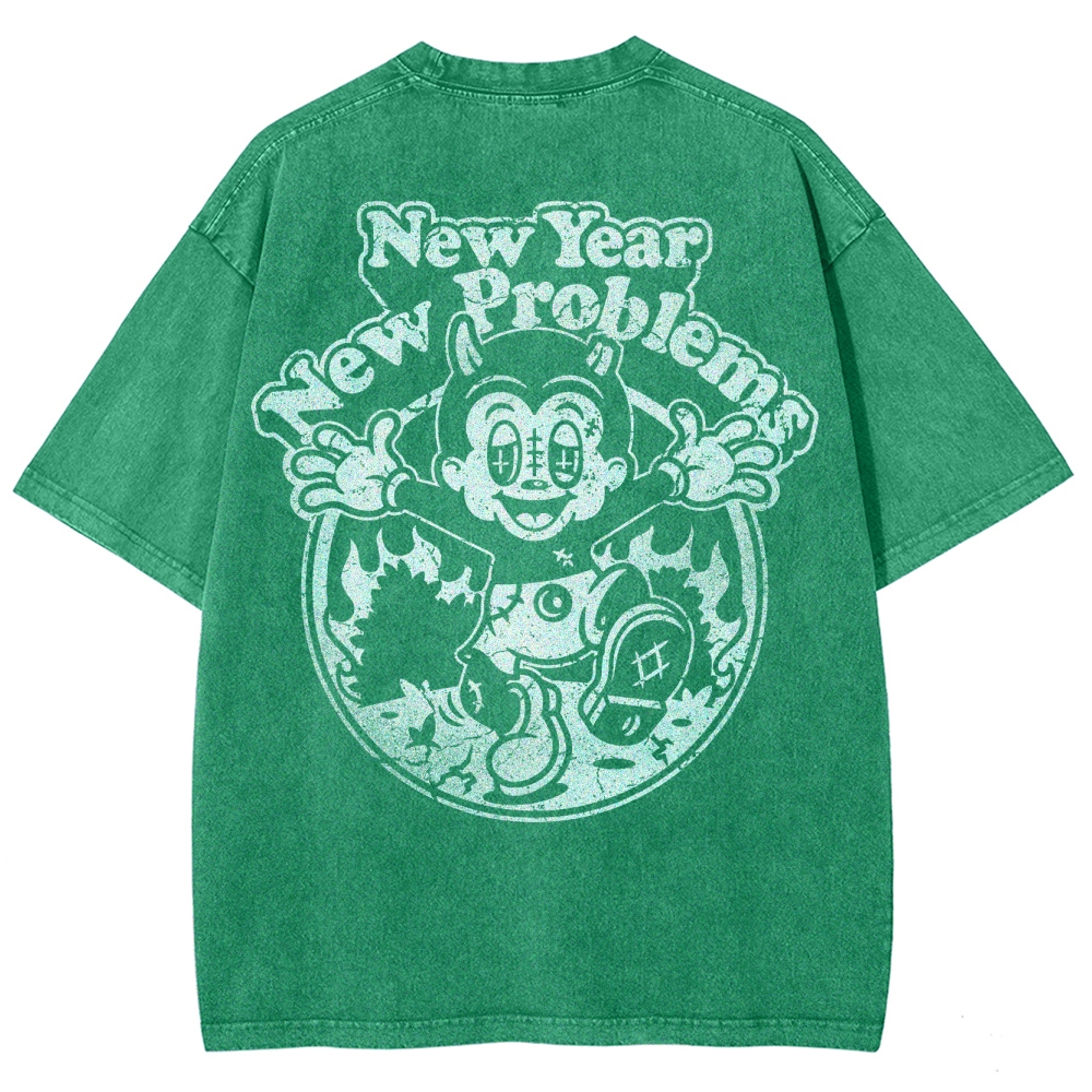 "New Year New Problems" Gothic Print Round Neck Washed T-Shirt