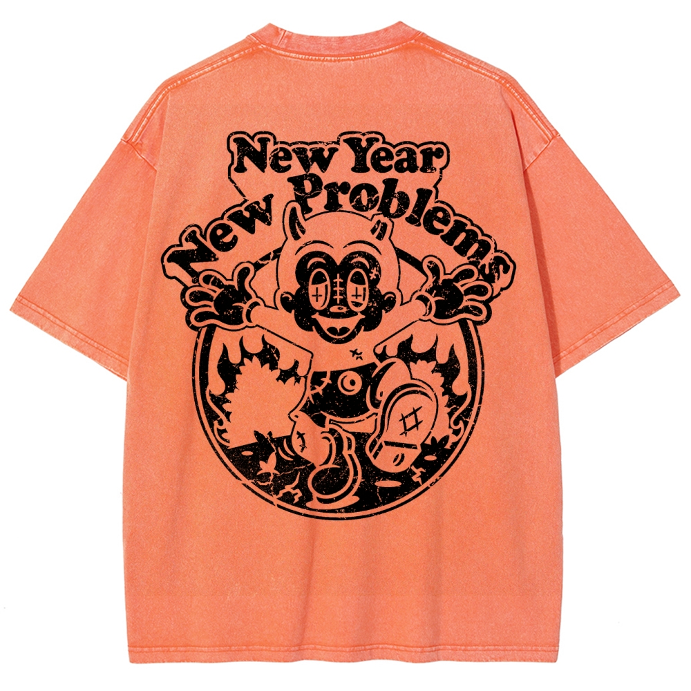 "New Year New Problems" Gothic Print Round Neck Washed T-Shirt