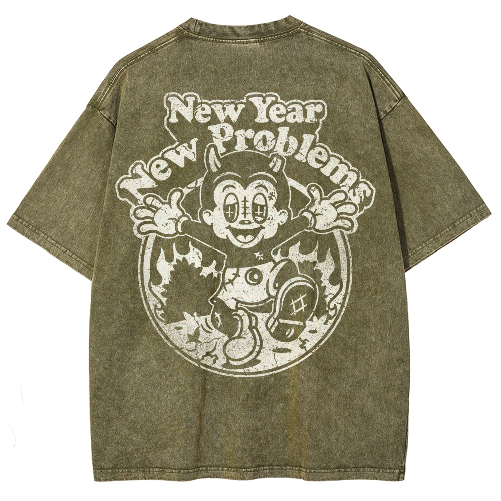 "New Year New Problems" Gothic Print Round Neck Washed T-Shirt