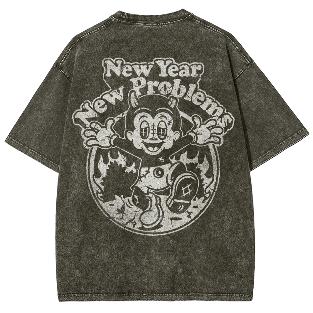 "New Year New Problems" Gothic Print Round Neck Washed T-Shirt