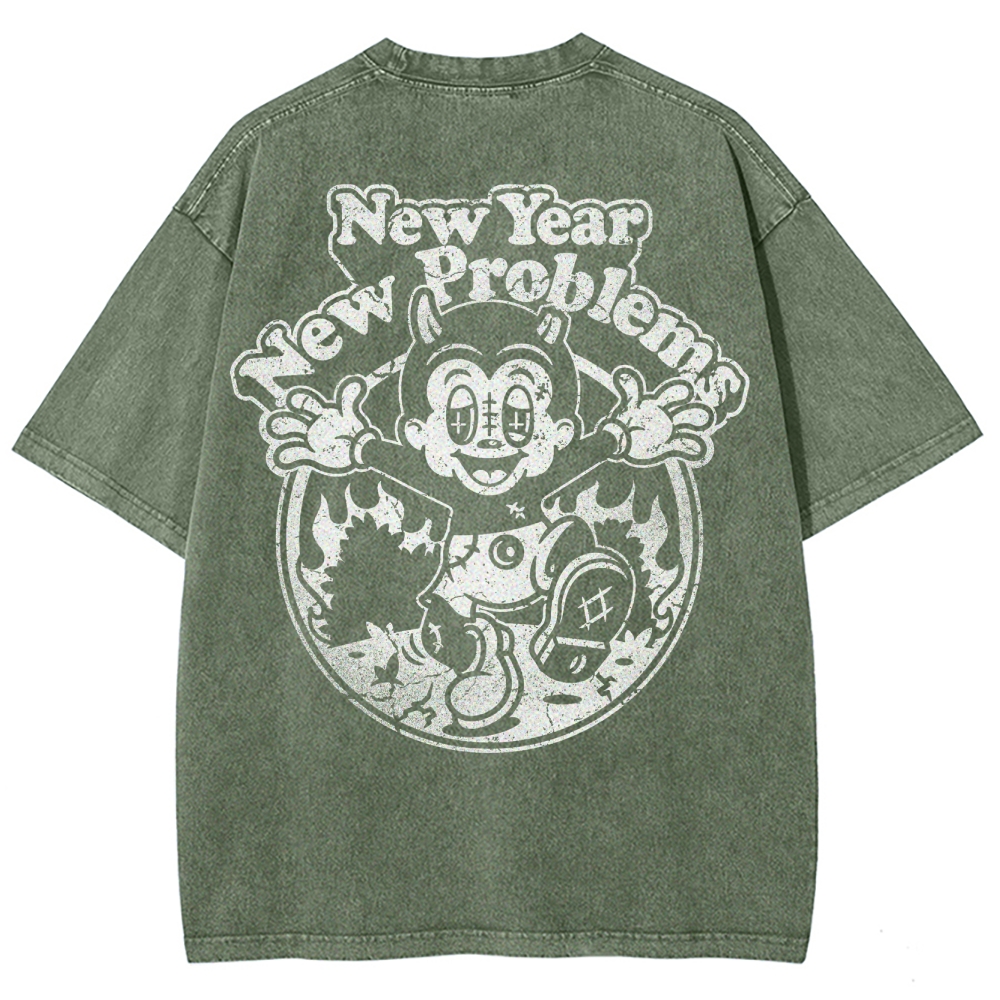 "New Year New Problems" Gothic Print Round Neck Washed T-Shirt