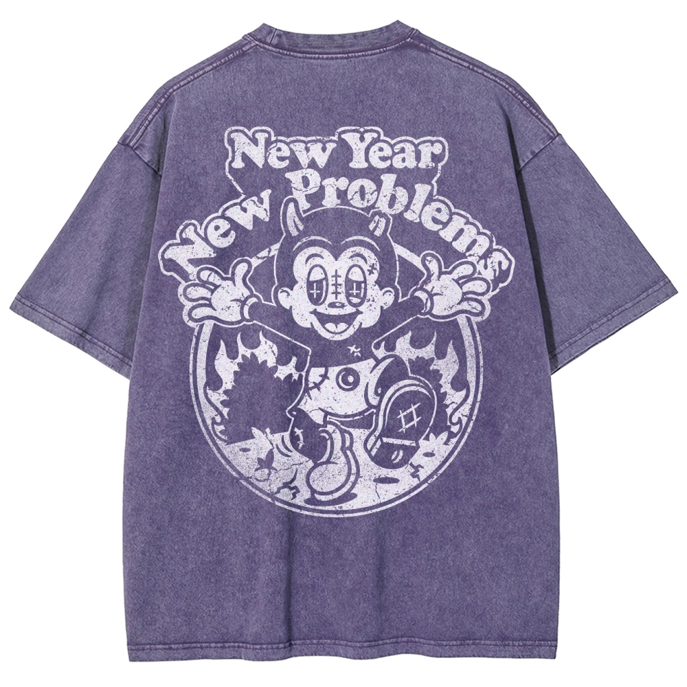 "New Year New Problems" Gothic Print Round Neck Washed T-Shirt