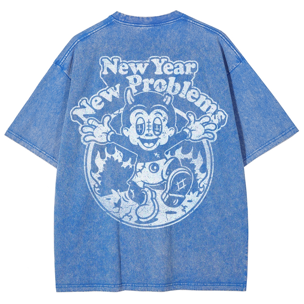 "New Year New Problems" Gothic Print Round Neck Washed T-Shirt