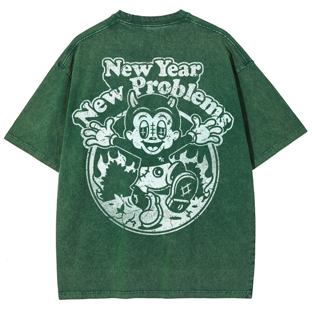 "New Year New Problems" Gothic Print Round Neck Washed T-Shirt