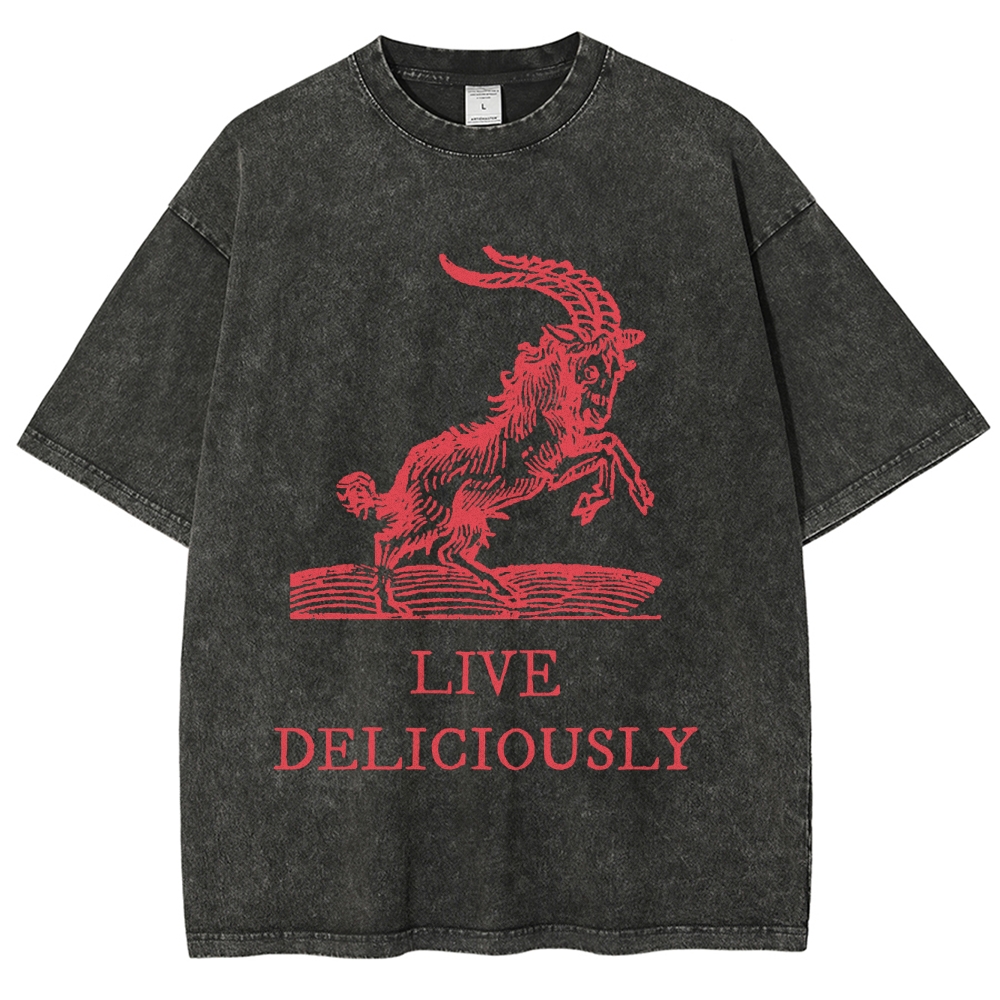 Goat Illustration Graphic Washed T-Shirt with "LIVE DELICIOUSLY" Tex