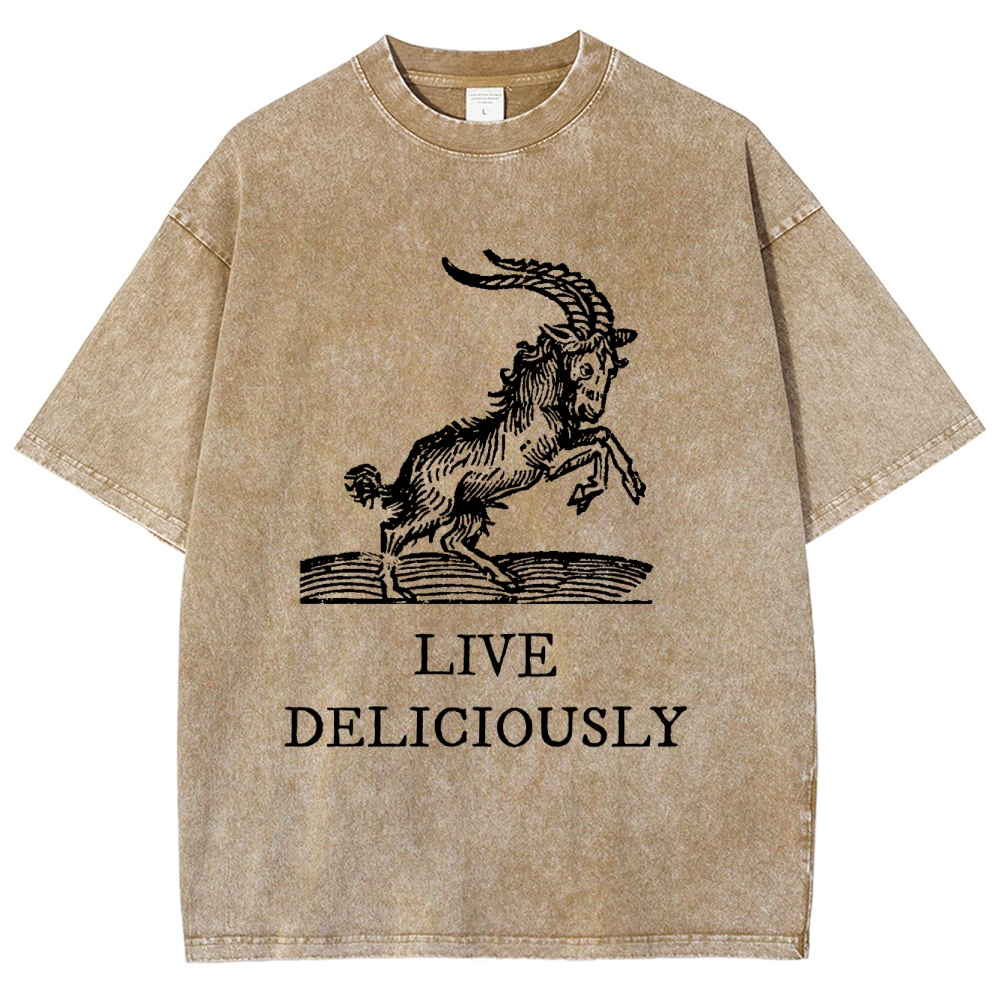 Goat Illustration Graphic Washed T-Shirt with "LIVE DELICIOUSLY" Tex