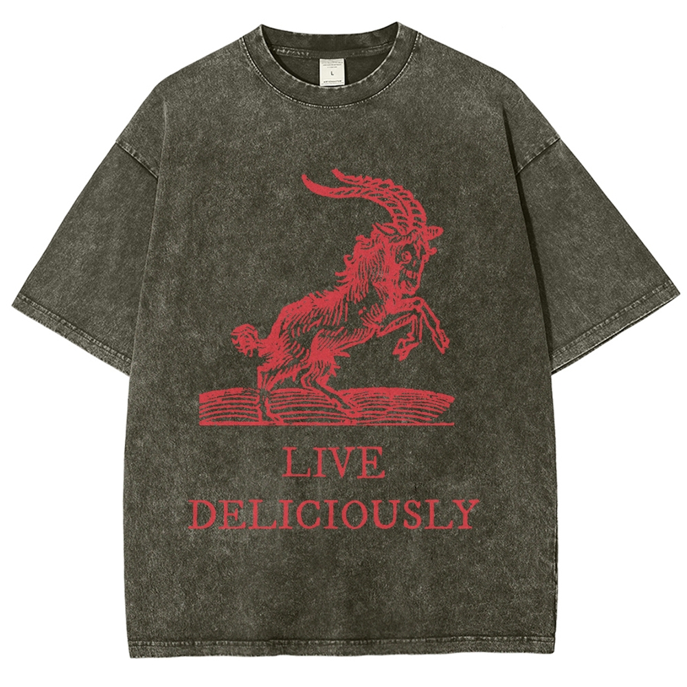 Goat Illustration Graphic Washed T-Shirt with "LIVE DELICIOUSLY" Tex