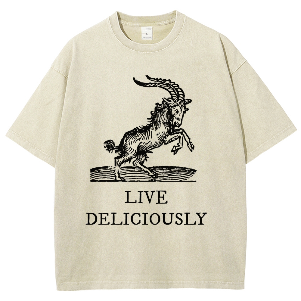 Goat Illustration Graphic Washed T-Shirt with "LIVE DELICIOUSLY" Tex