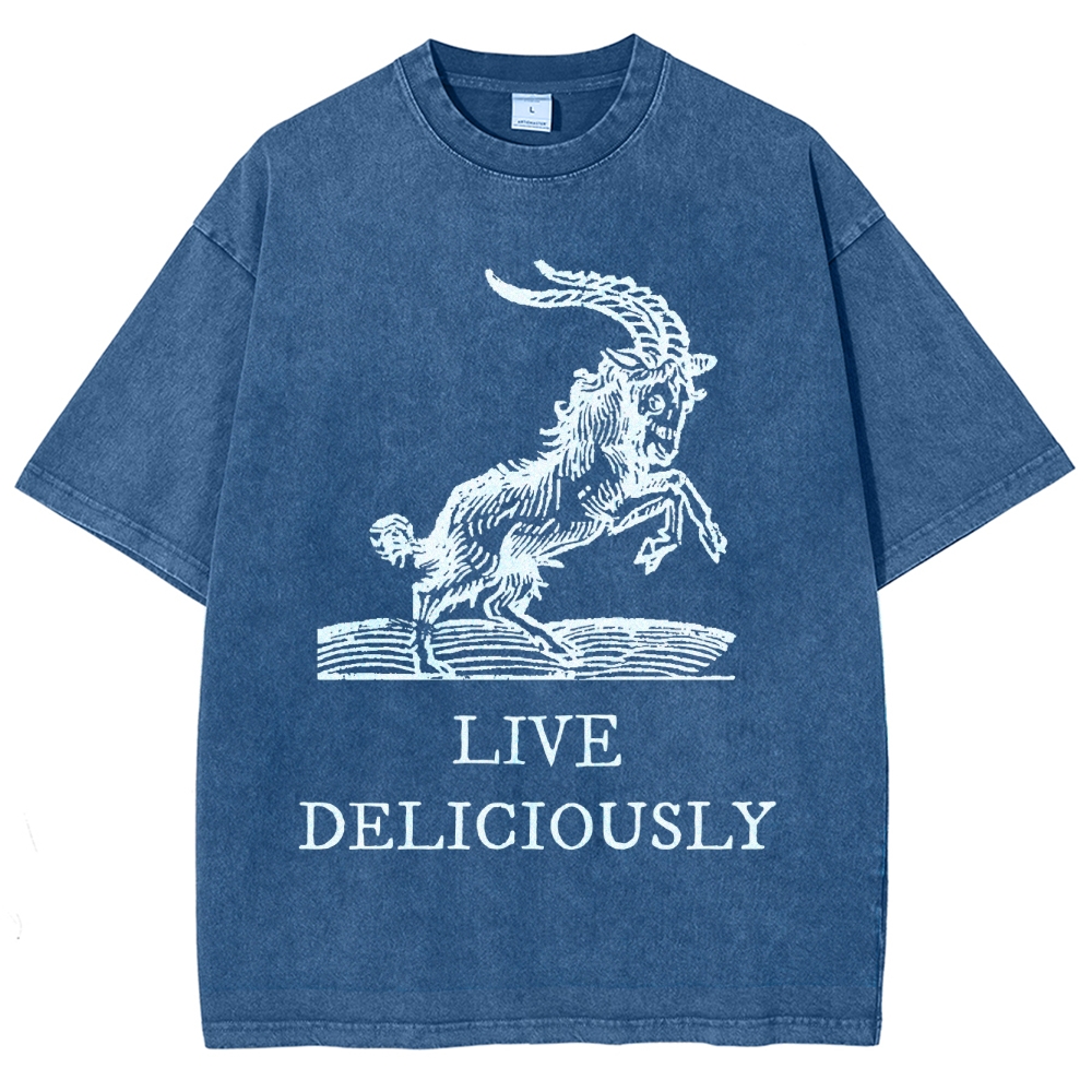 Goat Illustration Graphic Washed T-Shirt with "LIVE DELICIOUSLY" Tex
