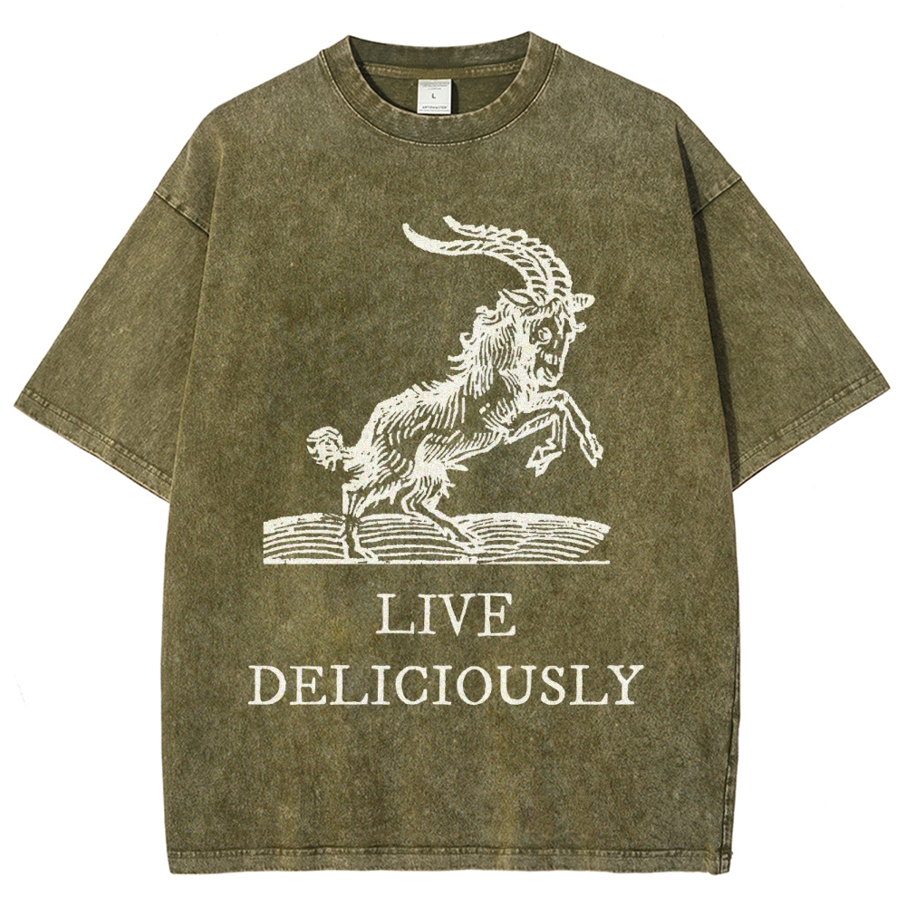 Goat Illustration Graphic Washed T-Shirt with "LIVE DELICIOUSLY" Tex