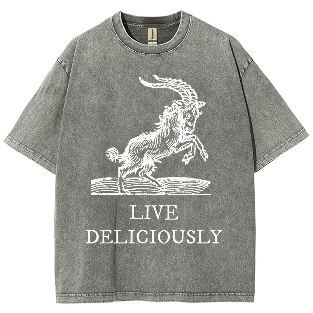 Goat Illustration Graphic Washed T-Shirt with "LIVE DELICIOUSLY" Tex