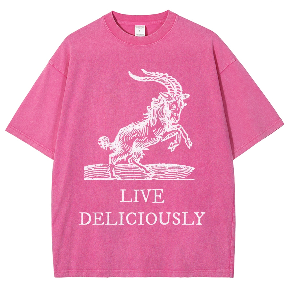 Goat Illustration Graphic Washed T-Shirt with "LIVE DELICIOUSLY" Tex