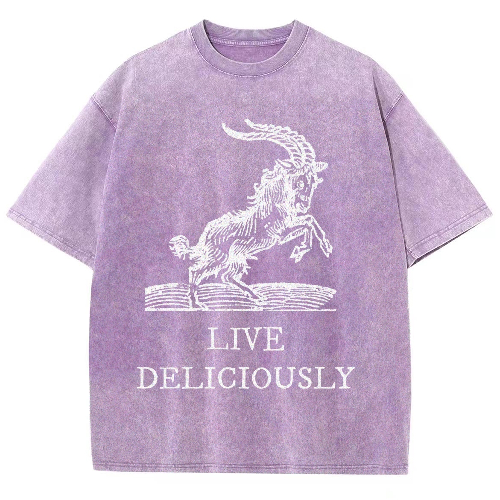 Goat Illustration Graphic Washed T-Shirt with "LIVE DELICIOUSLY" Tex