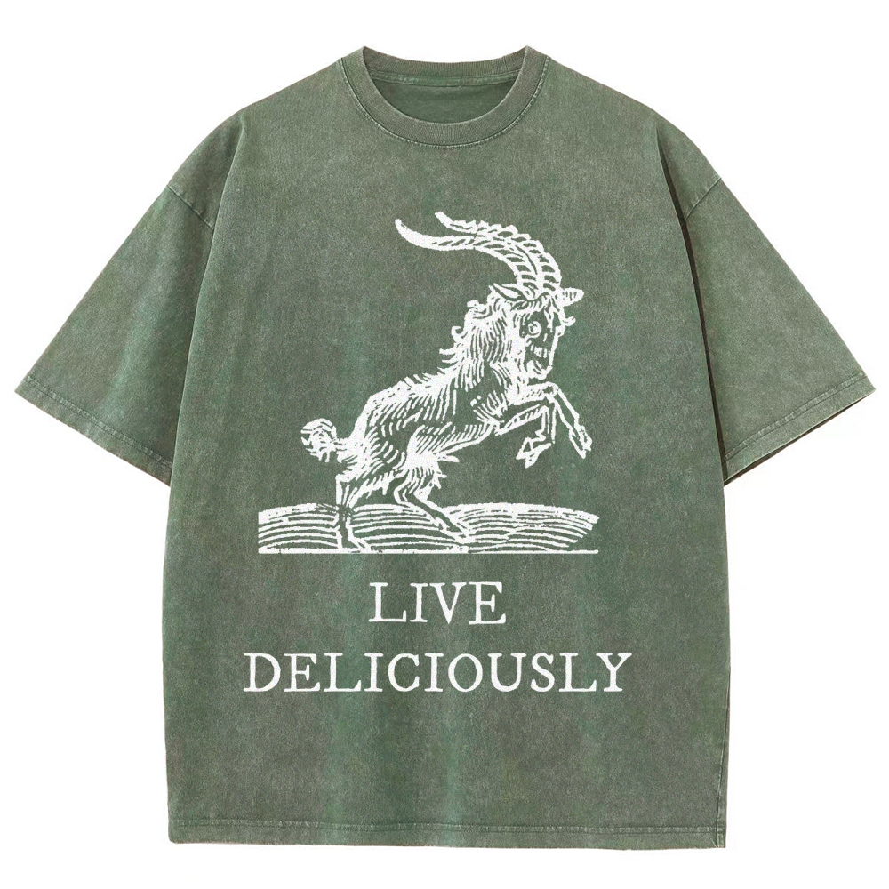 Goat Illustration Graphic Washed T-Shirt with "LIVE DELICIOUSLY" Tex