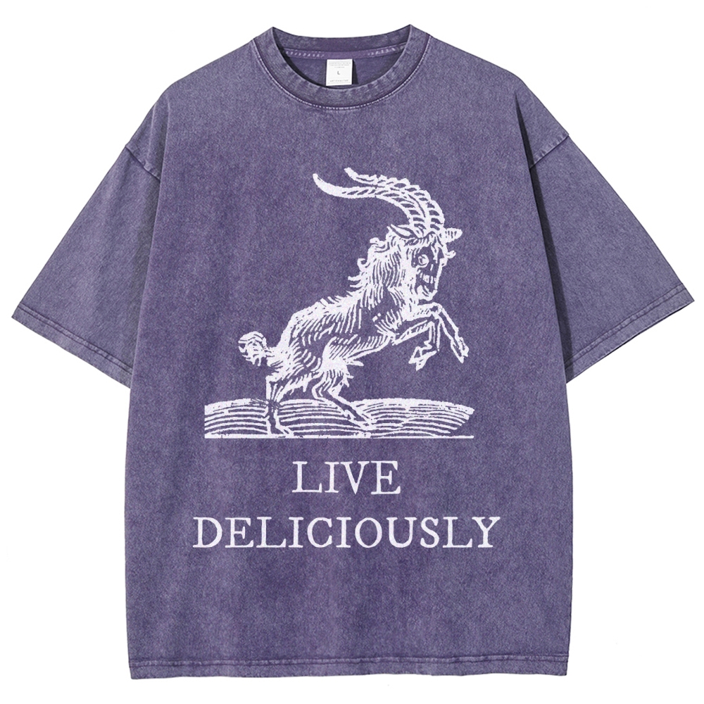 Goat Illustration Graphic Washed T-Shirt with "LIVE DELICIOUSLY" Tex