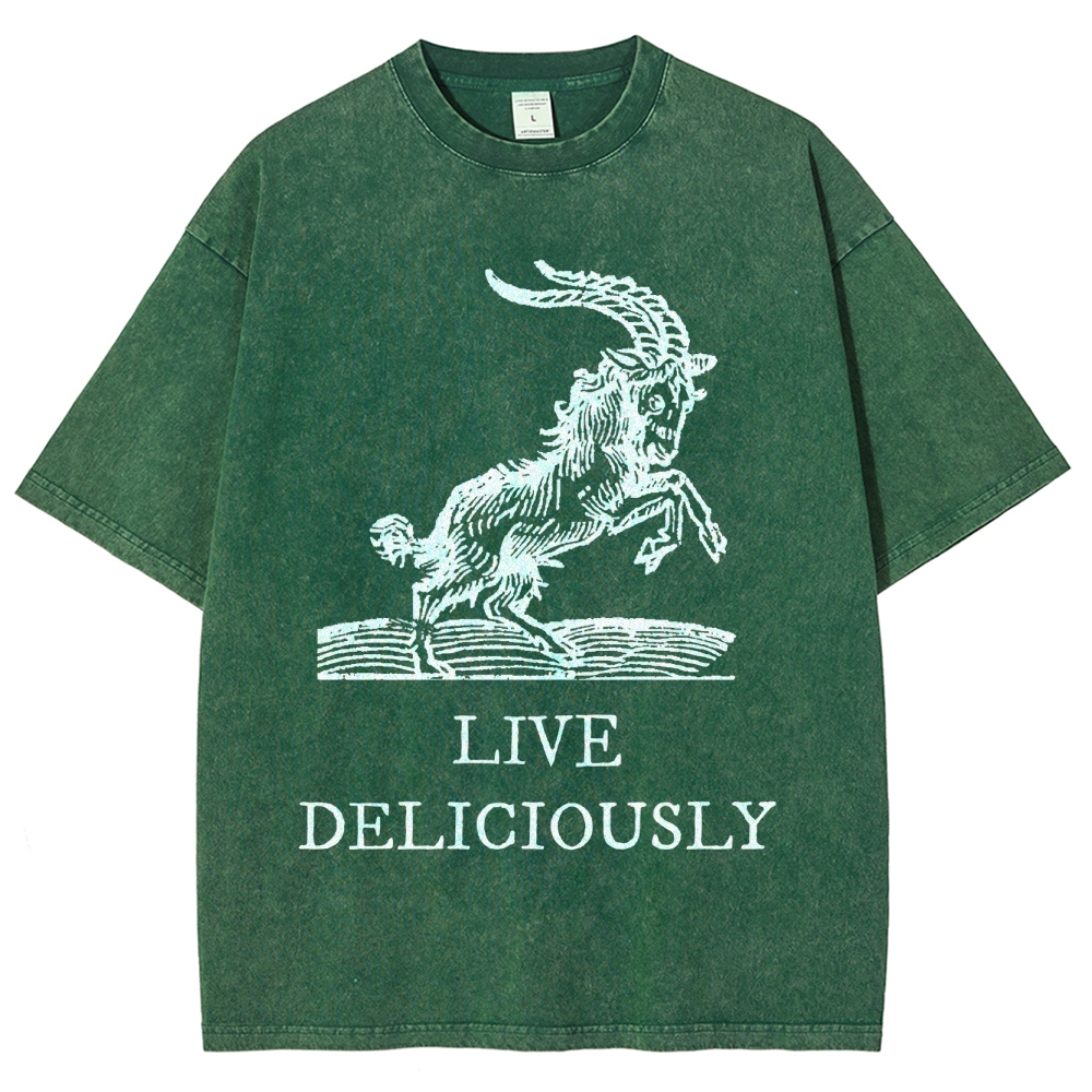 Goat Illustration Graphic Washed T-Shirt with "LIVE DELICIOUSLY" Tex