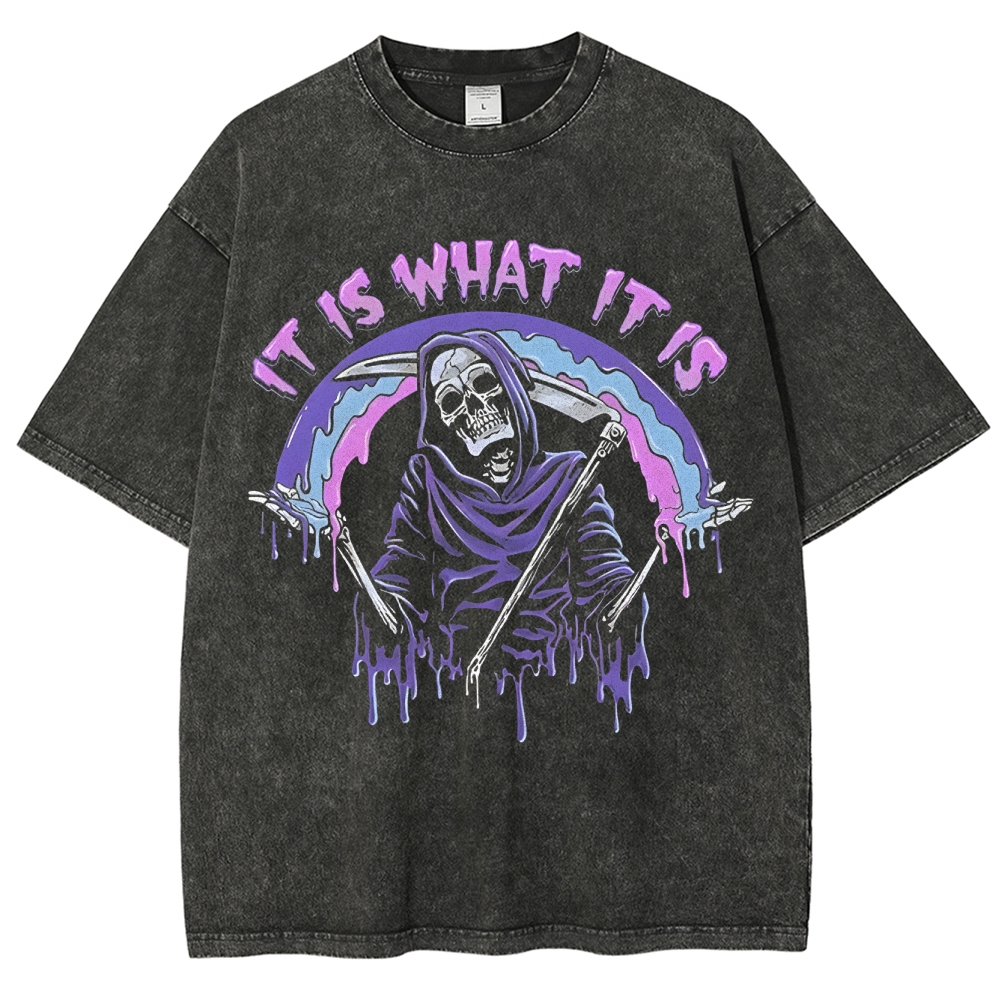 Gothic Skull Print Crew Neck Washed T-Shirt - 'IT IS WHAT IT IS'