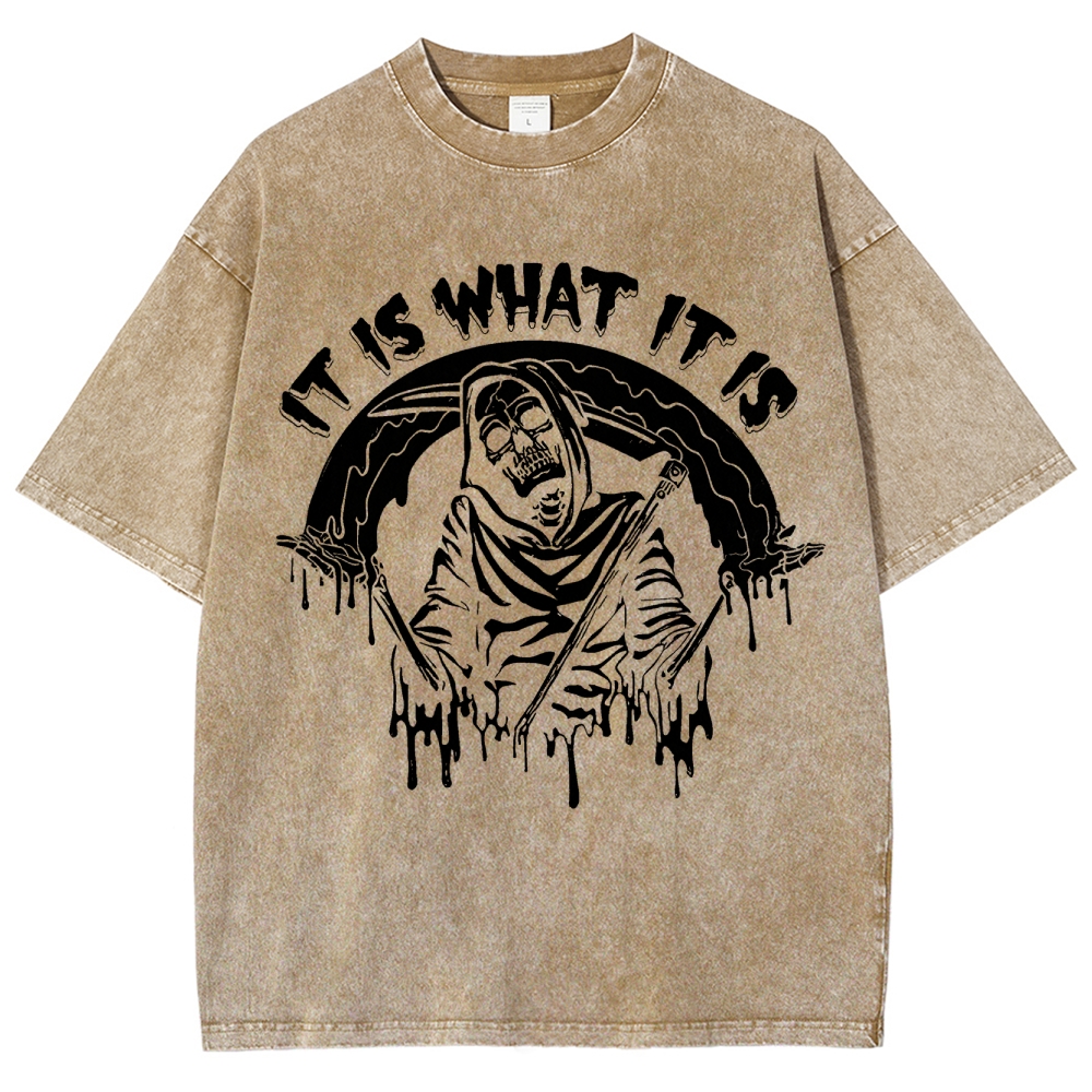 Gothic Skull Print Crew Neck Washed T-Shirt - 'IT IS WHAT IT IS'