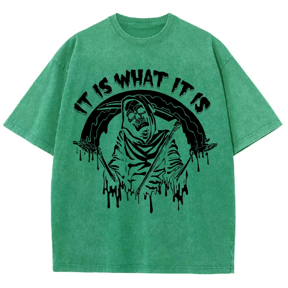 Gothic Skull Print Crew Neck Washed T-Shirt - 'IT IS WHAT IT IS'
