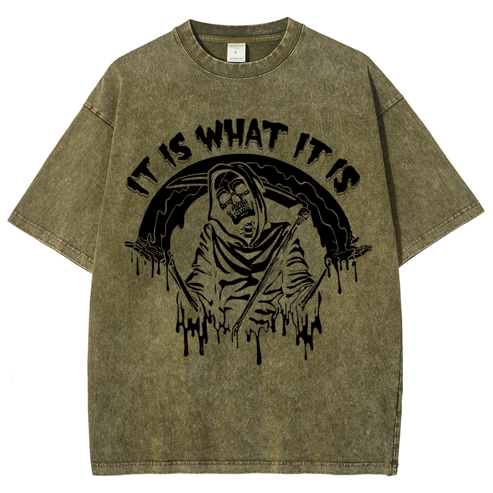 Gothic Skull Print Crew Neck Washed T-Shirt - 'IT IS WHAT IT IS'