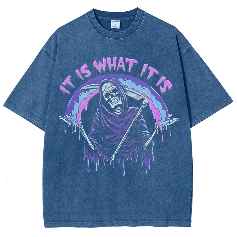 Gothic Skull Print Crew Neck Washed T-Shirt - 'IT IS WHAT IT IS'