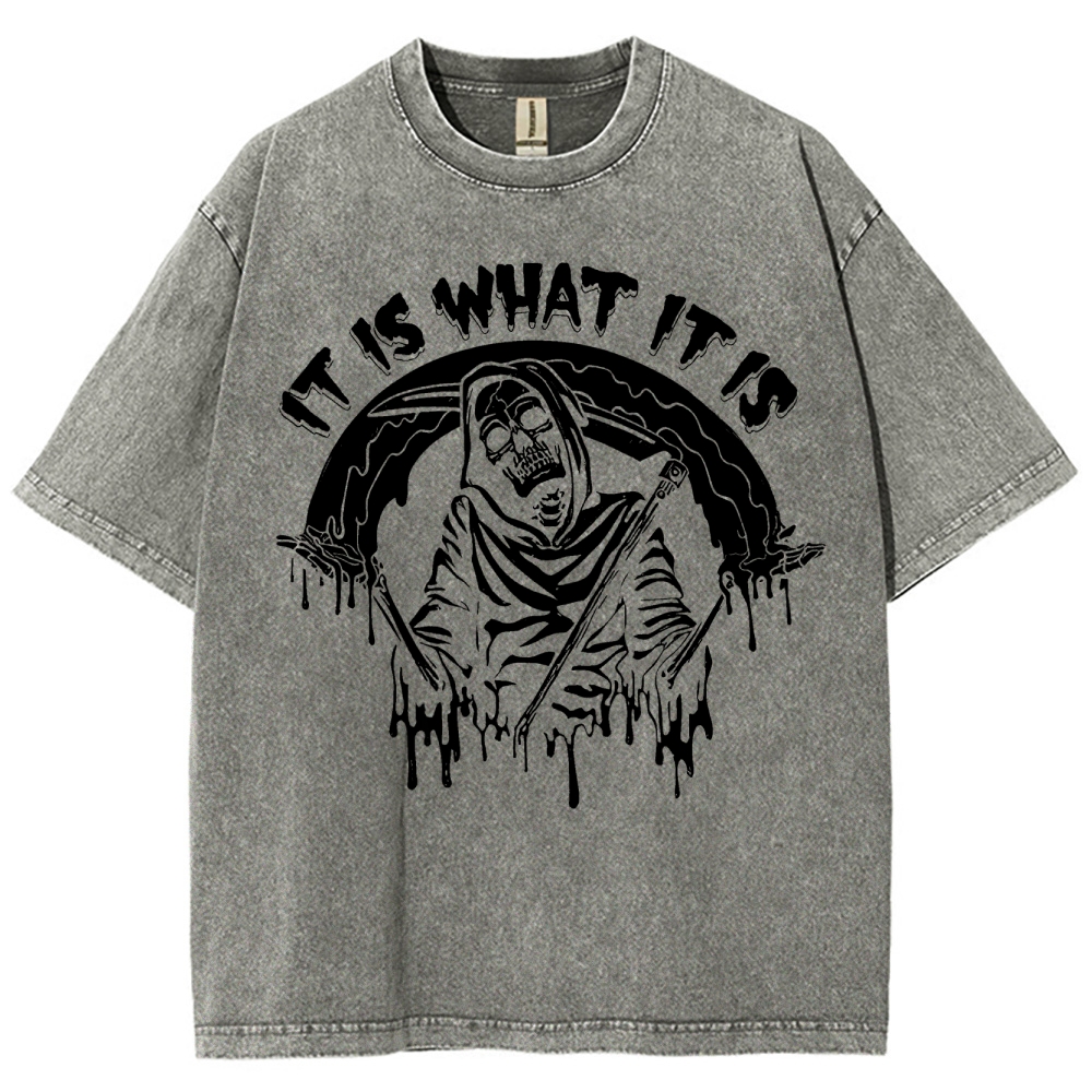 Gothic Skull Print Crew Neck Washed T-Shirt - 'IT IS WHAT IT IS'