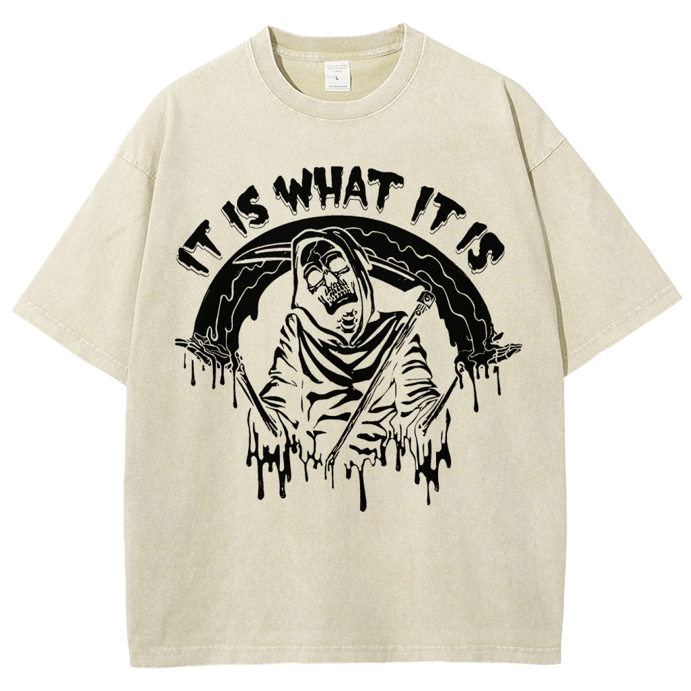 Gothic Skull Print Crew Neck Washed T-Shirt - 'IT IS WHAT IT IS'